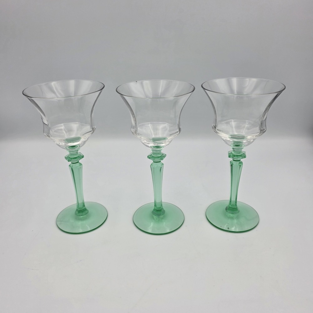 3 Stemmed Uranium Ribbed Wine Glasses Depression Glassware Green 6" Tall *READ*